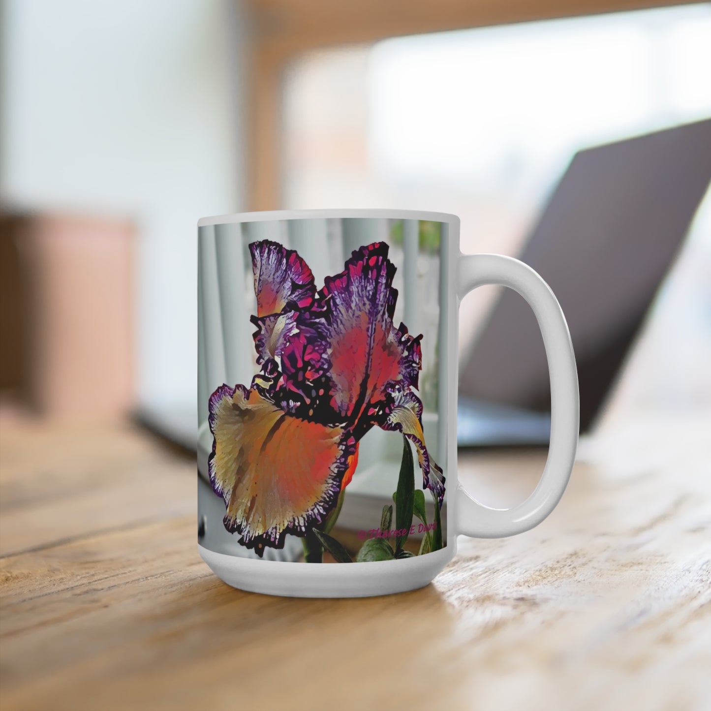 'Iris in Stained Glass' Artistic Mug - 15oz (MC-00127-01-15-SP-Wh)