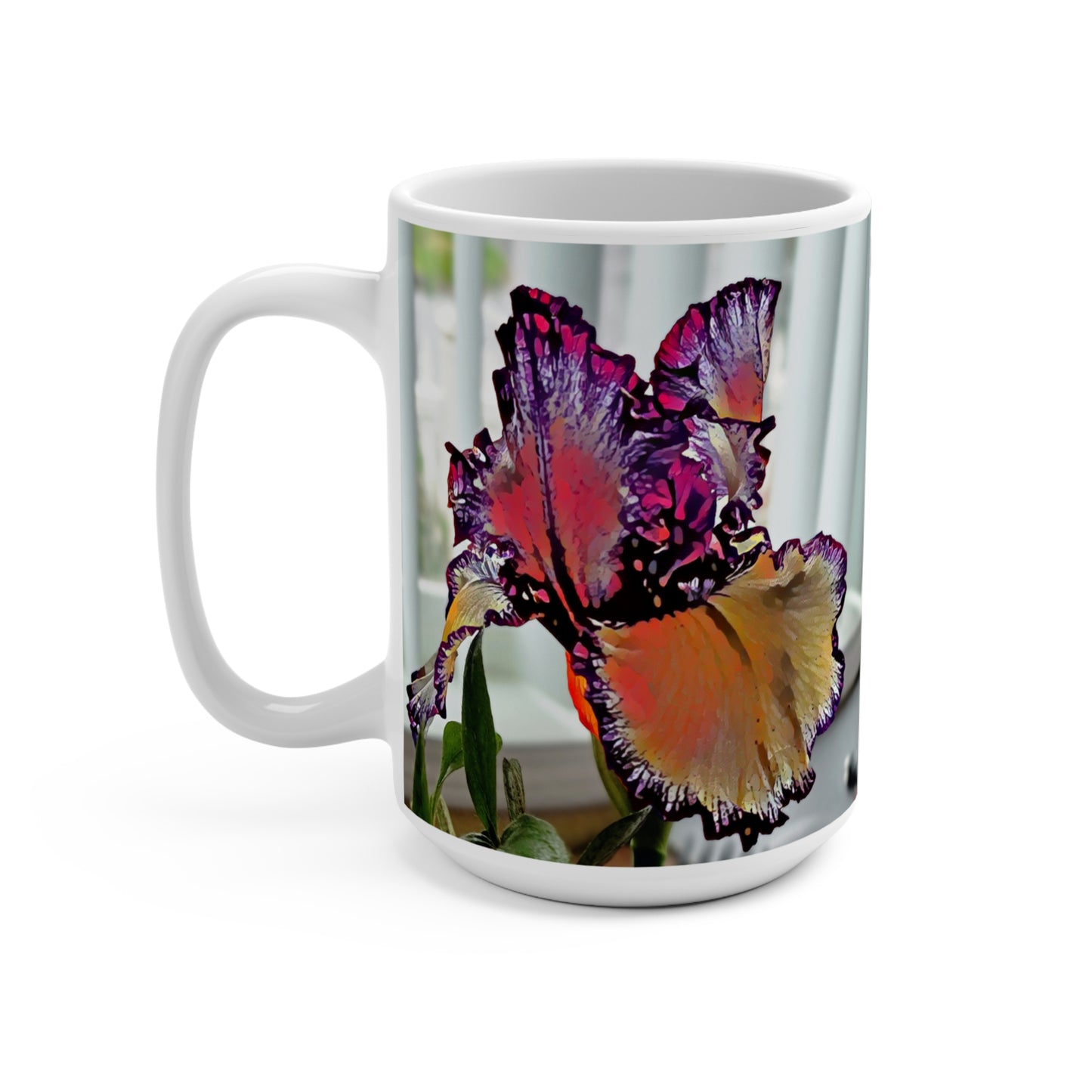 'Iris in Stained Glass' Artistic Mug - 15oz (MC-00127-01-15-SP-Wh)