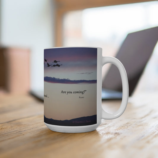 'Sandhill Cranes - Love Calls' Artistic Mug - 15oz (MC-00125-01-15-SP-Wh)